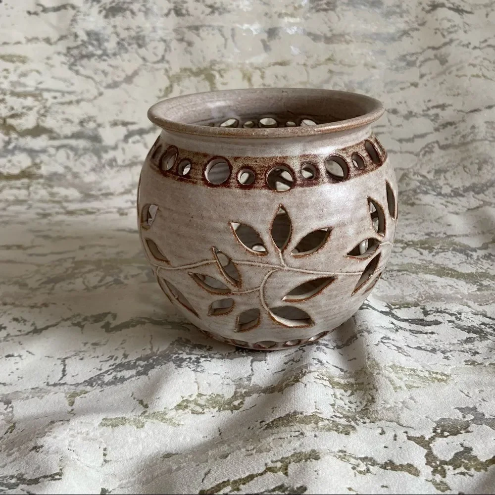 Vintage Hand glazed Pottery Signed Floral Cutout